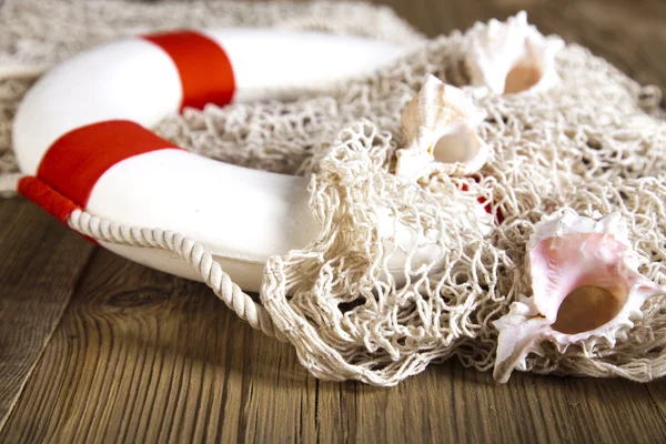 Lifebuoy in the network, shells — Stock Photo, Image