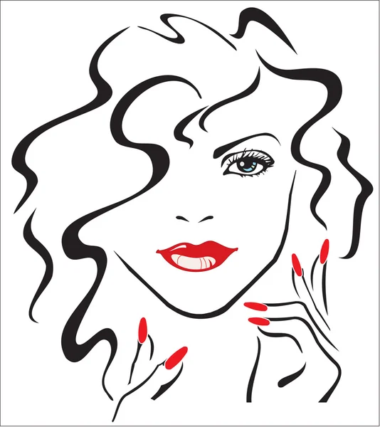 Woman with red lips and red nails and black hair — Stock Vector