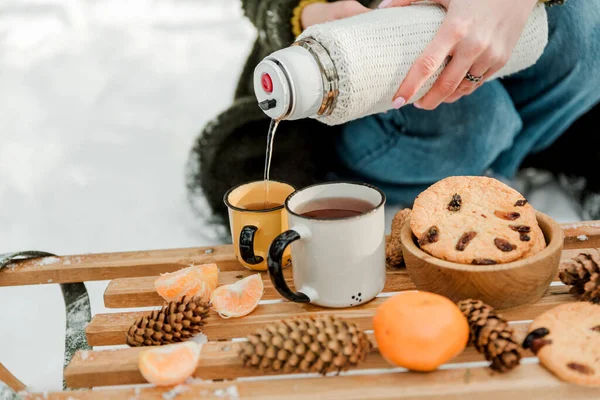 Zimní Piknik Čajem Sušenkami Mandarinkami Saních Zasněženém Lese Zelený Vánoční — Stock fotografie