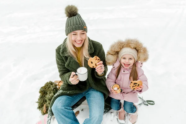幸せと笑顔の若い母親と彼女の小さな娘が一緒に時間を過ごす 冬の森の中のピクニック — ストック写真