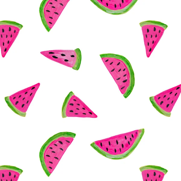 Hand Drawn Seamless Watermelon Pattern Isolated White Acrylic Painted Modern — Stock Photo, Image