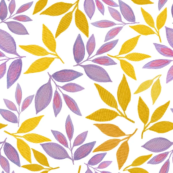 Watercolor Seamless Floral Pattern Purple Yellow Hand Drawn Leaves Branches — Fotografia de Stock