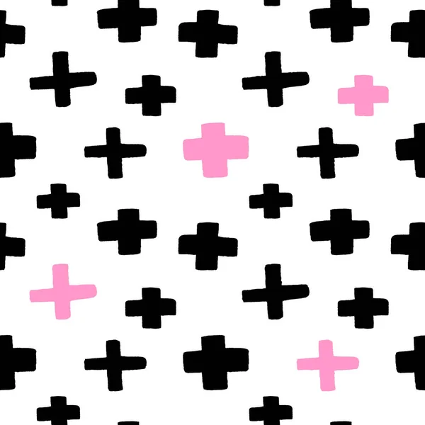 Hand drawn  watercolor black and pink cross shapes on white. Seamless abstract pattern. Trendy geometric illustrtion.