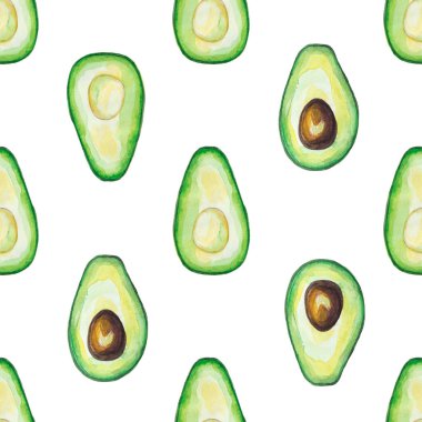 Elle çizilmiş suluboya, kusursuz avokado deseni. Yemek dokusu. Beyazda izole edilmiş.