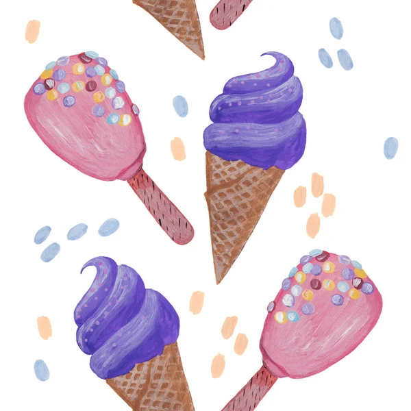 Seamless icecreame texture. Hand painted acrylic icecream and sweets on white background. Sweets pattern. Bright pastel colors.
