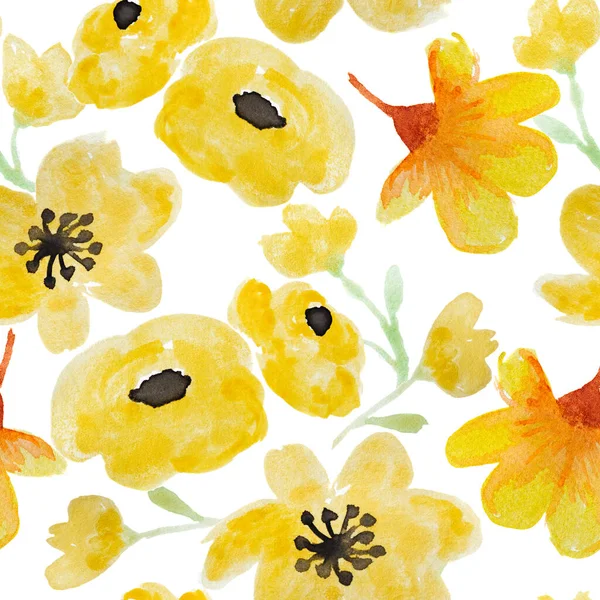Żółty Akwarela Kwiatowy Bezszwowy Wzór Medern Stylowy Element Wzornictwa Białe — Zdjęcie stockowe
