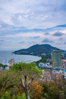 Yukarıdan Vung Tau panoramik kıyı manzarası, dalgalar, kıyı şeridi, sokaklar, hindistan cevizi ağaçları ve Vietnam 'daki Tao Phung dağı. Seyahat ve manzara konsepti.
