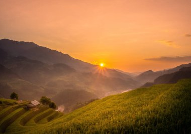 Vietnam 'ın kuzeyindeki Sapa şehri yakınlarındaki Mu cang chai kasabasındaki altın pirinç teraslarının hava manzarası. Vietnam, Yen Bai 'de hasat mevsiminde güzel bir pirinç tarlası. Seyahat ve manzara konsepti. Seçici odak