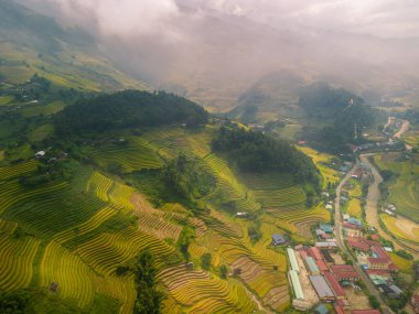 Vietnam 'ın kuzeyindeki Sapa şehri yakınlarındaki Mu cang chai kasabasındaki altın pirinç teraslarının hava manzarası. Vietnam, Yen Bai 'de hasat mevsiminde güzel bir pirinç tarlası. Seyahat ve manzara konsepti. Seçici odak
