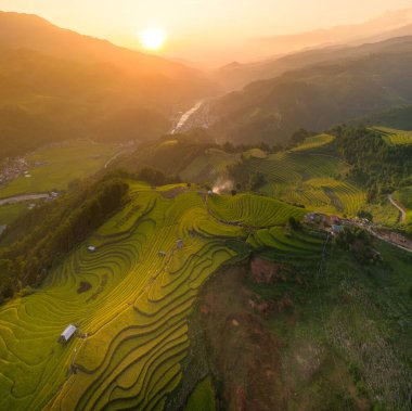 Vietnam 'ın kuzeyindeki Sapa şehri yakınlarındaki Mu cang chai kasabasındaki altın pirinç teraslarının hava manzarası. Vietnam, Yen Bai 'de hasat mevsiminde güzel bir pirinç tarlası. Seyahat ve manzara konsepti. Seçici odak