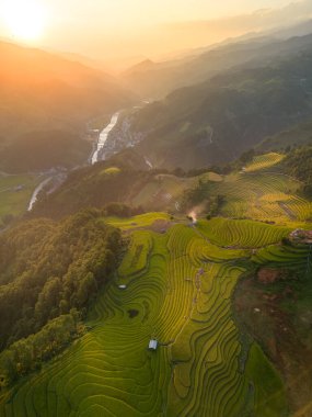 Vietnam 'ın kuzeyindeki Sapa şehri yakınlarındaki Mu cang chai kasabasındaki altın pirinç teraslarının hava manzarası. Vietnam, Yen Bai 'de hasat mevsiminde güzel bir pirinç tarlası. Seyahat ve manzara konsepti. Seçici odak