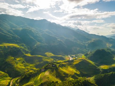 Vietnam 'ın kuzeyindeki Sapa şehri yakınlarındaki Mu cang chai kasabasındaki altın pirinç teraslarının hava manzarası. Vietnam, Yen Bai 'de hasat mevsiminde güzel bir pirinç tarlası. Seyahat ve manzara konsepti. Seçici odak