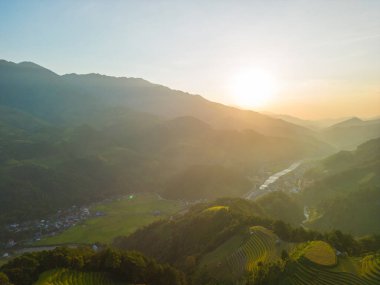 Vietnam 'ın kuzeyindeki Sapa şehri yakınlarındaki Mu cang chai kasabasındaki altın pirinç teraslarının hava manzarası. Vietnam, Yen Bai 'de hasat mevsiminde güzel bir pirinç tarlası. Seyahat ve manzara konsepti. Seçici odak