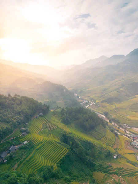 Flygfoto Över Gyllene Ris Terrasser Cang Chai Stad Nära Sapa — Stockfoto