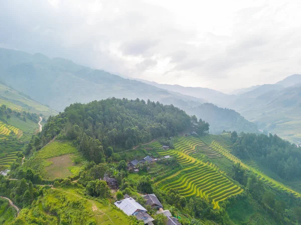 Flygfoto Över Gyllene Ris Terrasser Cang Chai Stad Nära Sapa — Stockfoto