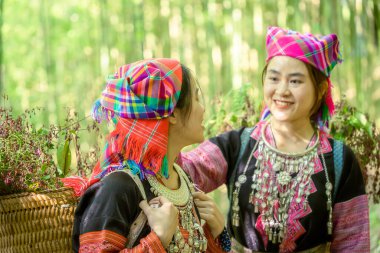 Mu Cang Chai, Yen Bai, Vietnam 'daki bambu ormanlarında gezen renkli kostümlü etnik azınlık insanları. Vietnam bambu ormanları. Ormandaki yüksek ağaçlar. Seçici odak.