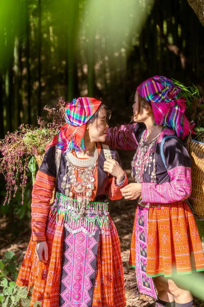 Люди Етнічної Меншини Племені Хеммонг Барвистим Одягом Ходять Бамбуковому Лісі — стокове фото