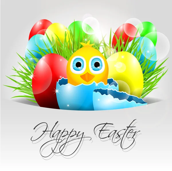 Happy Vector Easter Background with chick in broken egg — Stock Vector