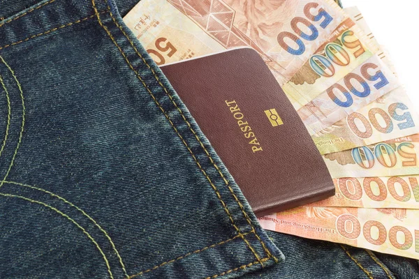 Passeport et Dollar de Hong Kong en jeans denim poche — Photo