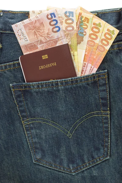 Passeport et Dollar de Hong Kong en jeans denim poche — Photo