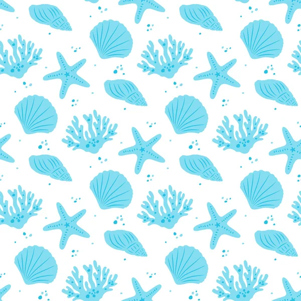 Seamless Sea Star Starfish Seashell Seaweed Pattern Background Vector Illustration — стоковый вектор