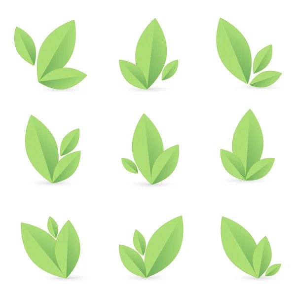 Set van eenvoudige groene blad, geïsoleerd, vectorillustratie — Stockvector