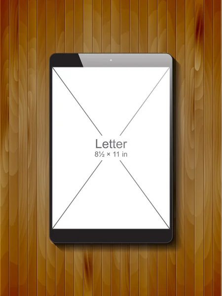 Černá počítač tablet touchscreen s prázdnou obrazovkou na texturu dřeva. formát Letter — Stockový vektor