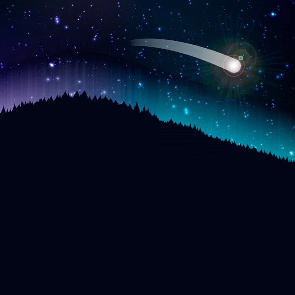 Nuit étoilée avec comète, fond de paysage, illustration vectorielle — Image vectorielle