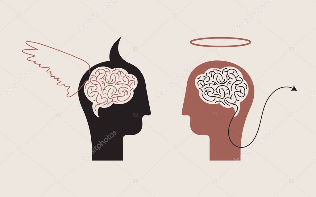 Good and bad person, conscience. Angel and devil concept. Abstract human head, ulterior motives. Vector illustration