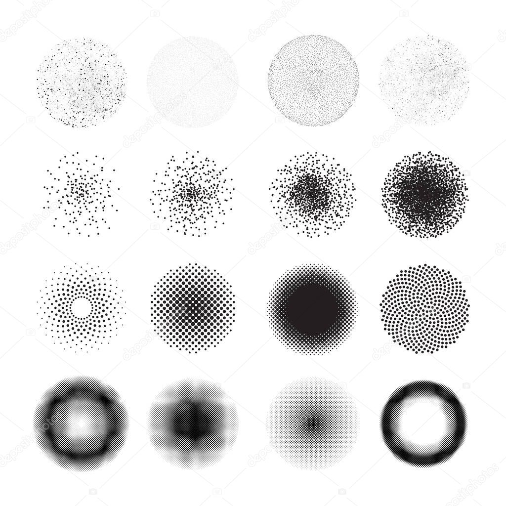 Set of half tone circles, black and white dot design elements, stipple effect. Vector illustration isolated on white background, EPS 10