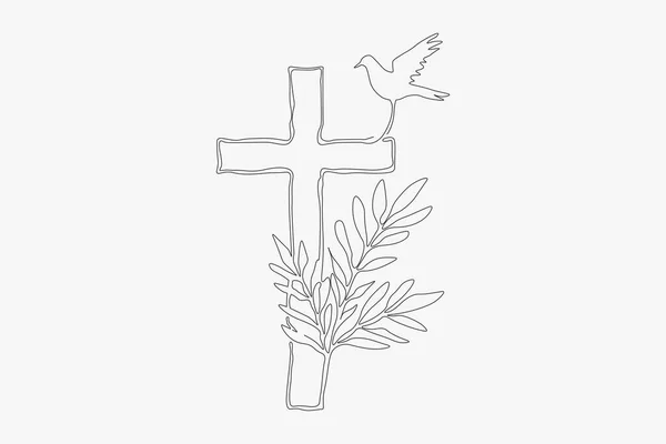 Krzyż Chrześcijański Rośliną Gołębicą Element Pogrzebowy Sztuka Liniowa Edytowalne Pociągnięcia Wektory Stockowe bez tantiem