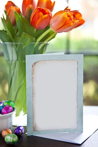 Easter Flowers and Card — Stock Photo, Image