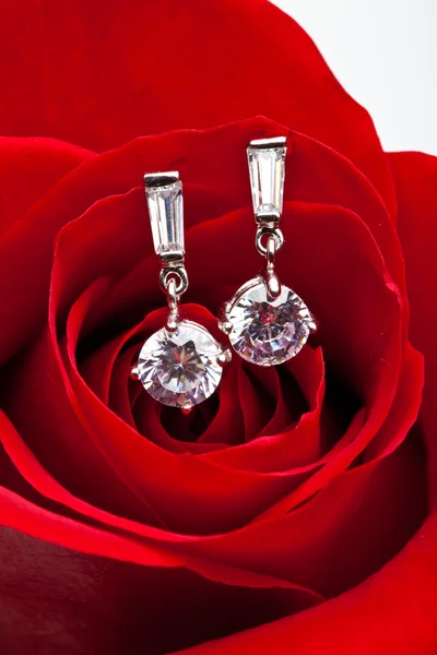 Diamante Earings e Rose — Fotografia de Stock