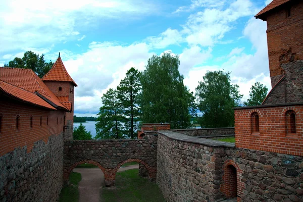 2016-06-25 Litvanya, Trakai, ada, kül görünümü, Galve göl, erken yaz, bulutlu gökyüzü, kalenin arka plan üzerinde güçlü büyük kast Stay görünümü. — Stok fotoğraf