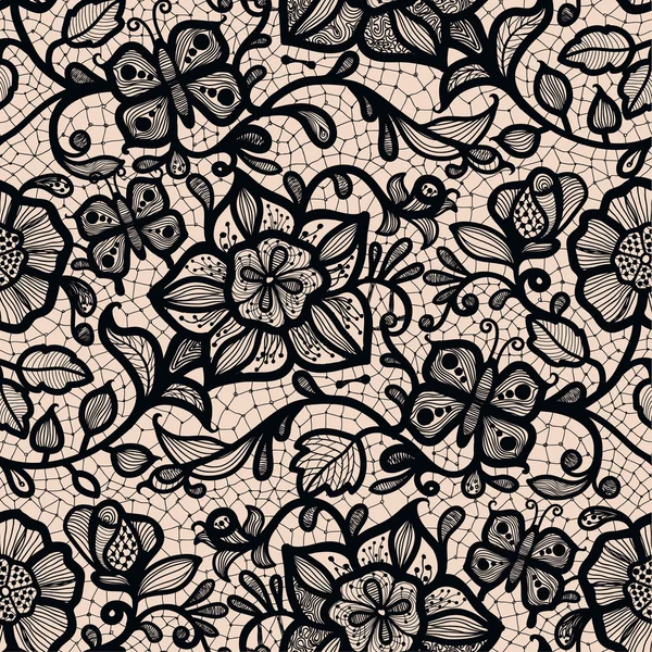 Абстрактный бесшовный кружевной узор с цветами и бабочками . — стоковый вектор