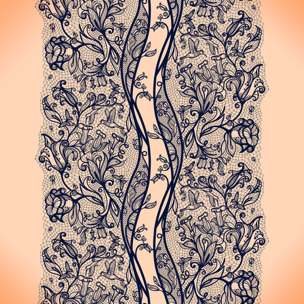 Abstract seamless lace pattern with flowers and butterflies.