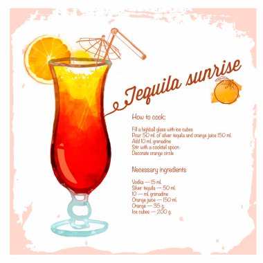 Tequilla gündoğumu kokteyller çizilmiş suluboya.