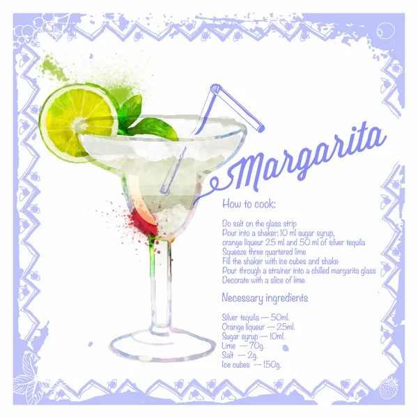 Cocktail Margarita. Menu aquarelle dessinée . — Image vectorielle