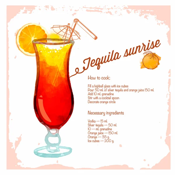 Tequilla sunrise cocktails ritade akvarell. — Stock vektor