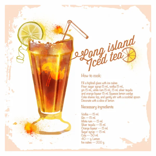 Cocktails Long island iced tea. Menu drawn watercolor. — Stock Vector