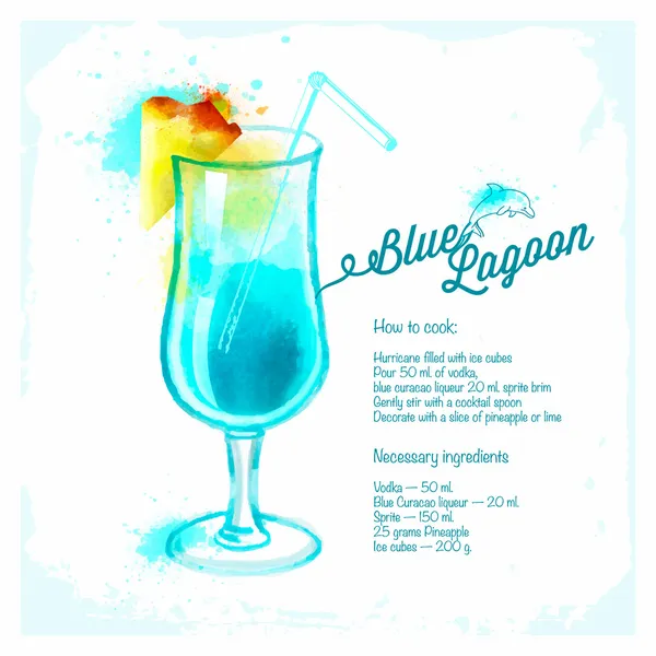 Коктейли Blue Lagoon нарисованные акварелью . — стоковый вектор