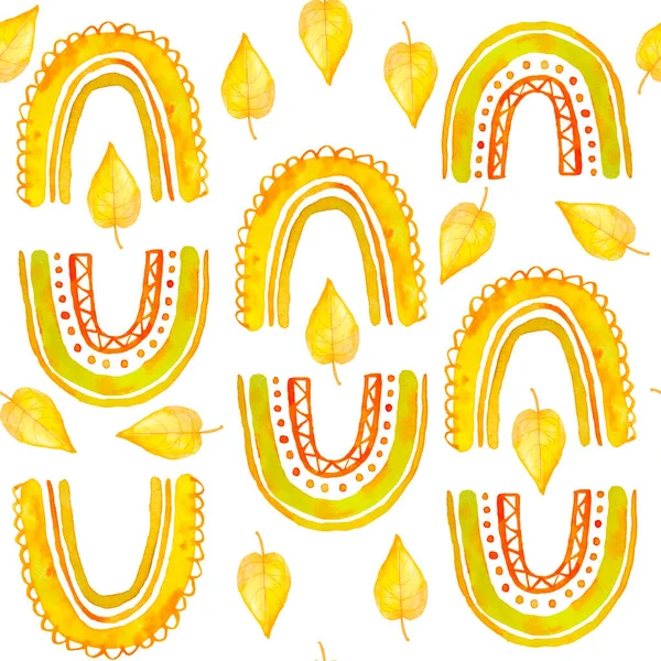Aquarell handgezeichnetes nahtloses Muster mit Herbstblättern Ahornblatt in gelb-orangen Farben. Herbstliche Regenbogenmotive leuchten in leuchtenden, abstrakten Elementen und Herzen. Für Tapeten Verpackungspapier Textil — Stockfoto