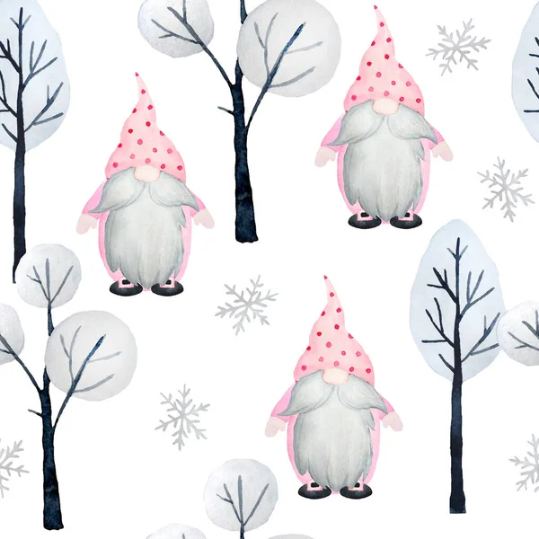 Pembe pastel İskandinav cüceleriyle sulu boya deseni. Noel hediyeleri kar taneleri ağaçlar, bebek kız kış kutlaması baskısı kağıt tekstil paketlemek için.. — Stok fotoğraf
