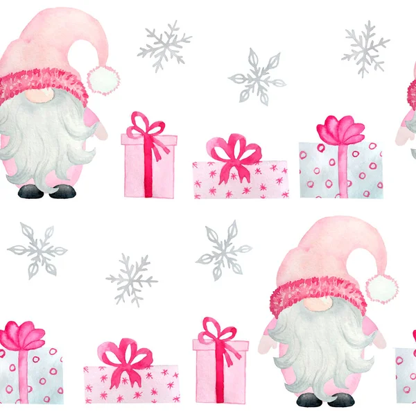 Akvarell sömlöst mönster med rosa pastell Nordiska skandinaviska tomtar. Jul nya året gåvor snöflingor träd, baby flicka design vinter firande tryck för inslagning papper textil. — Stockfoto
