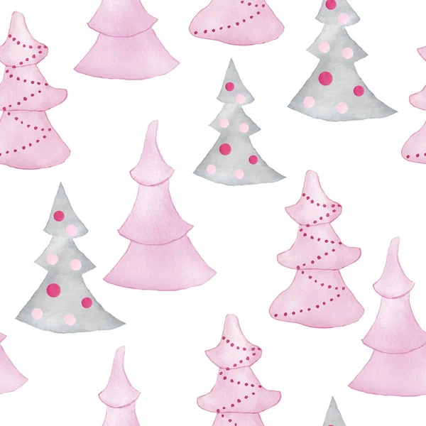 Akvarell sömlös mönster med rosa grå pastell skog träd isolerad på vit bakgrund. Jul vinter nytt år tryck för inslagning papperstextil. Nordnordisk design. — Stockfoto