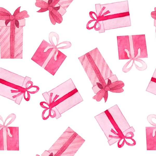 Akvarell zökkenőmentes minta rózsaszín piros ajándékok. Szülinapi party karácsony újév dekoráció ünneplés design. Aranyos dobozok íj szalagok nyomat csomagolására papír textil. — Stock Fotó