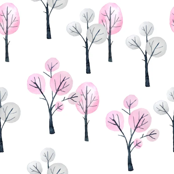 Aquarell nahtloses Muster mit rosa grauen pastellfarbenen Waldbäumen isoliert auf weißem Hintergrund. Weihnachten Winter Neujahrsdruck für Verpackungspapier Textil. Nördliche Gestaltung. — Stockfoto