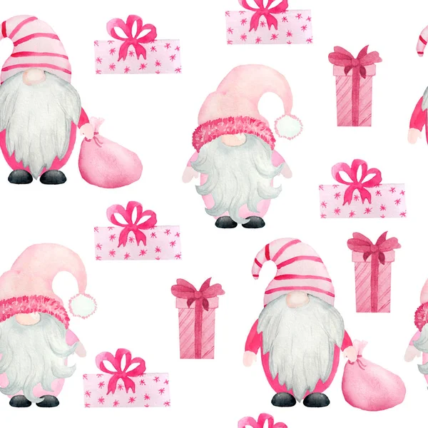 Akvarell sömlöst mönster med rosa pastell Nordiska skandinaviska tomtar. Jul nya året gåvor snöflingor träd, baby flicka design vinter firande tryck för inslagning papper textil. — Stockfoto