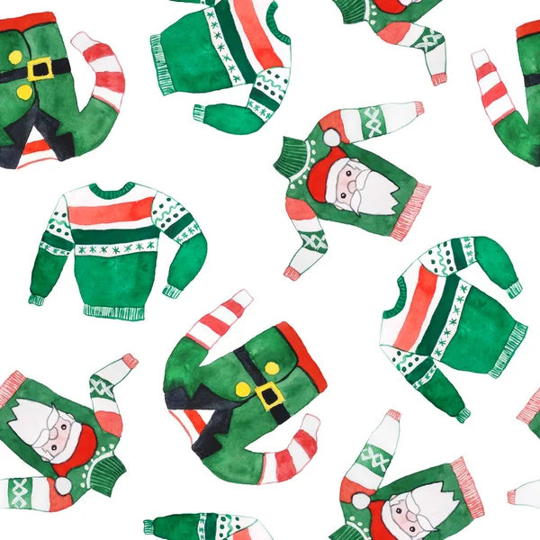 Akvarell sömlös handritad mönster med jul ful tröja hoppare. Röd grön traditionella färger för nyår firande bakgrund med käppar järnek cookies prydnader. Ljus retrodesign för — Stockfoto