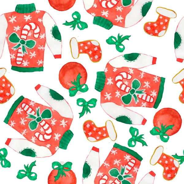 クリスマス醜いセータージャンパーと水彩シームレスな手描きパターン。犬のホリークッキーの装飾と新年のお祝いの背景のための赤緑の伝統的な色。明るいレトロなデザインのために — ストック写真